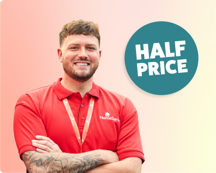 HomeServe engineer standing next to a roundel stating 'Half price'.