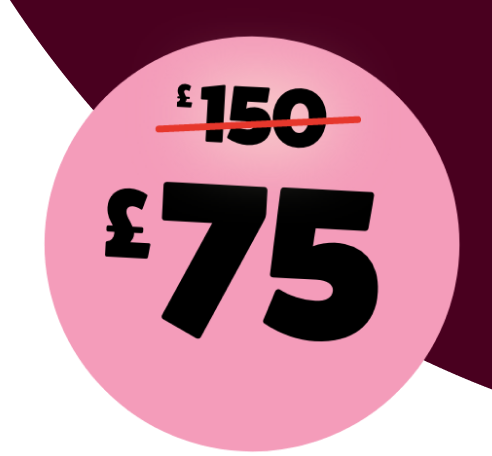 A pink circle showing the discount on a boiler service from £150 to £75