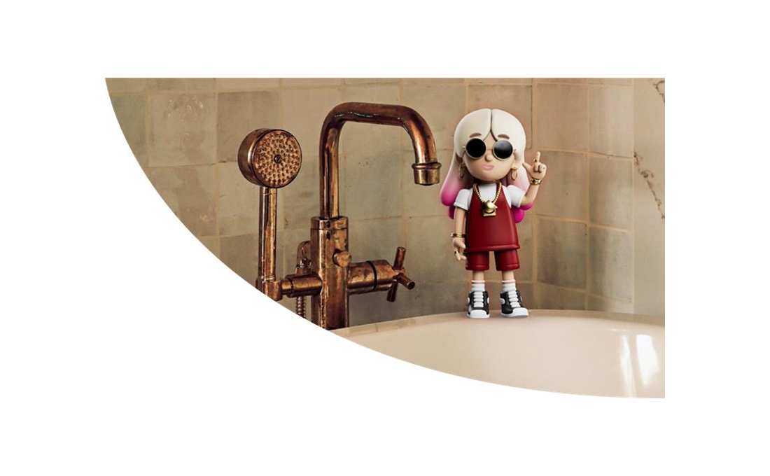 Lo Stress character standing on the rim of a bath next to a copper tap