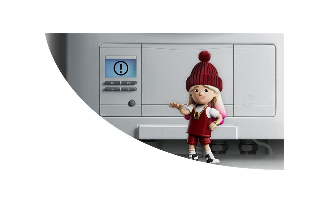 Lo Stress character standing in front of a boiler