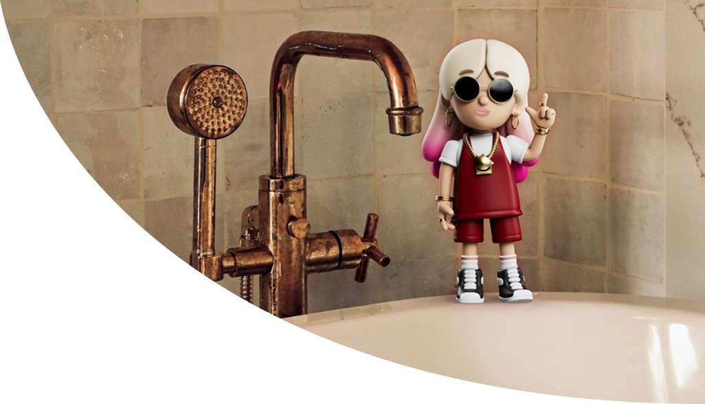 Lo Stress character standing on the rim of a bath next to a copper tap
