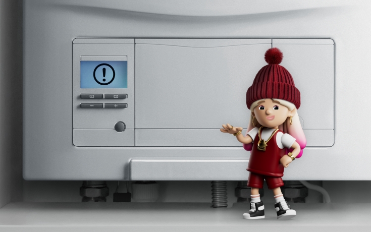 Lo Stress character in a woolly hat, gesturing to a boiler that requires a boiler service. 
